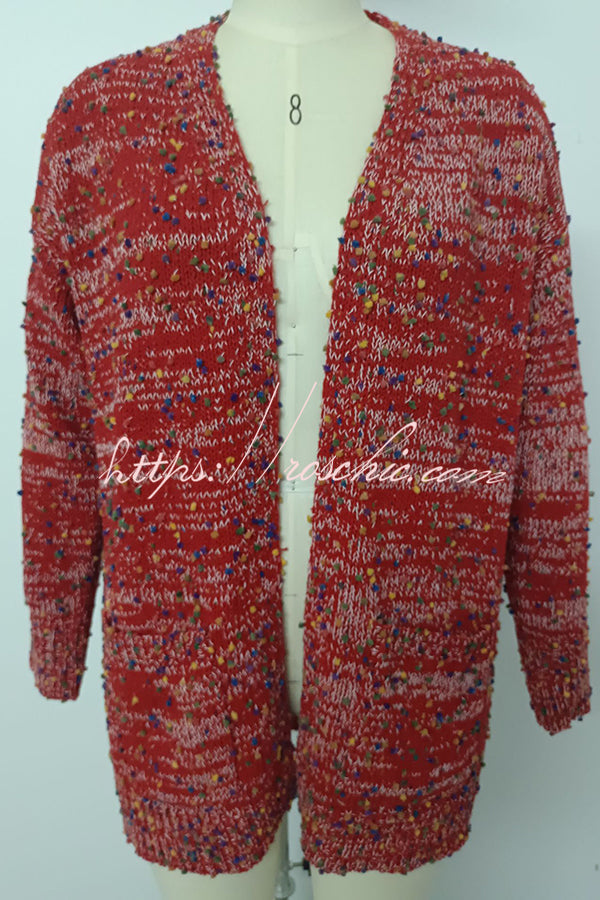 Aminga Colorful Spotted Pocket Crochet Long Sleeved Cardigan