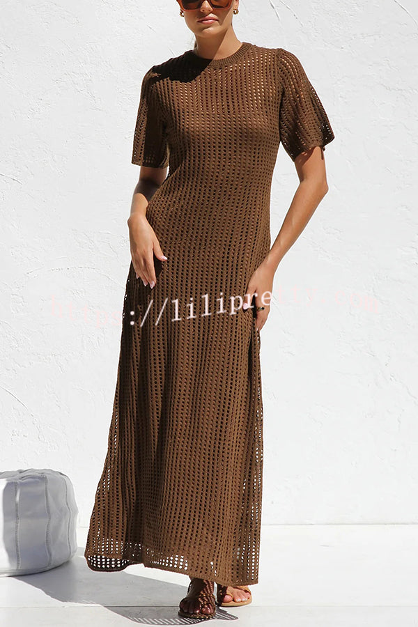 Sunkissed Shores Crochet Knit Short Sleeve Lightweight Maxi Dress(separate Slip) - Fashionpara