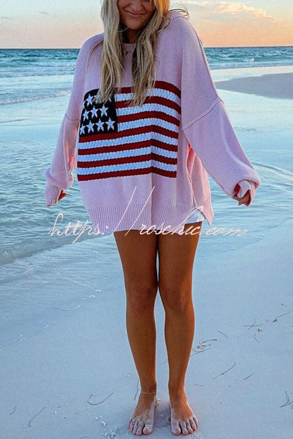 Independence Day Patchwork Long Sleeved Crew Neck Knitted Sweater