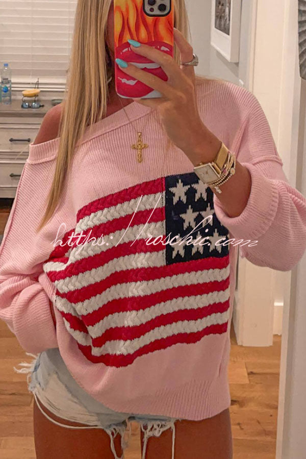 Independence Day Patchwork Long Sleeved Crew Neck Knitted Sweater