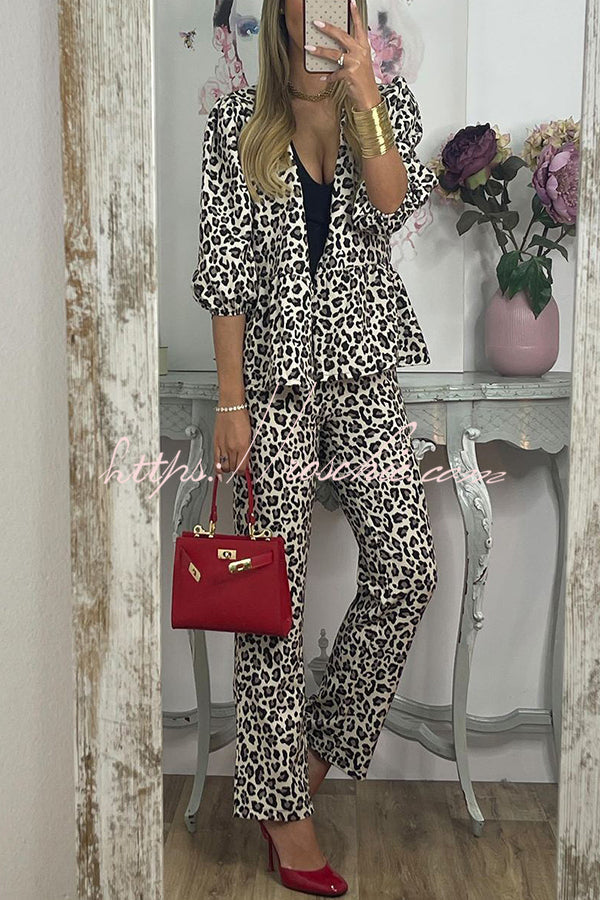 Colette Leopard Print Half Sleeve Babydoll Top and Elastic Waist Pocketed Pants Set - Fashionpara