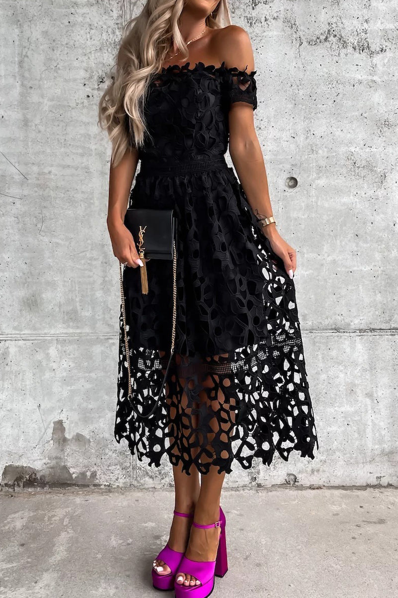 Off Shoulder Crochet Lace Midi Dress