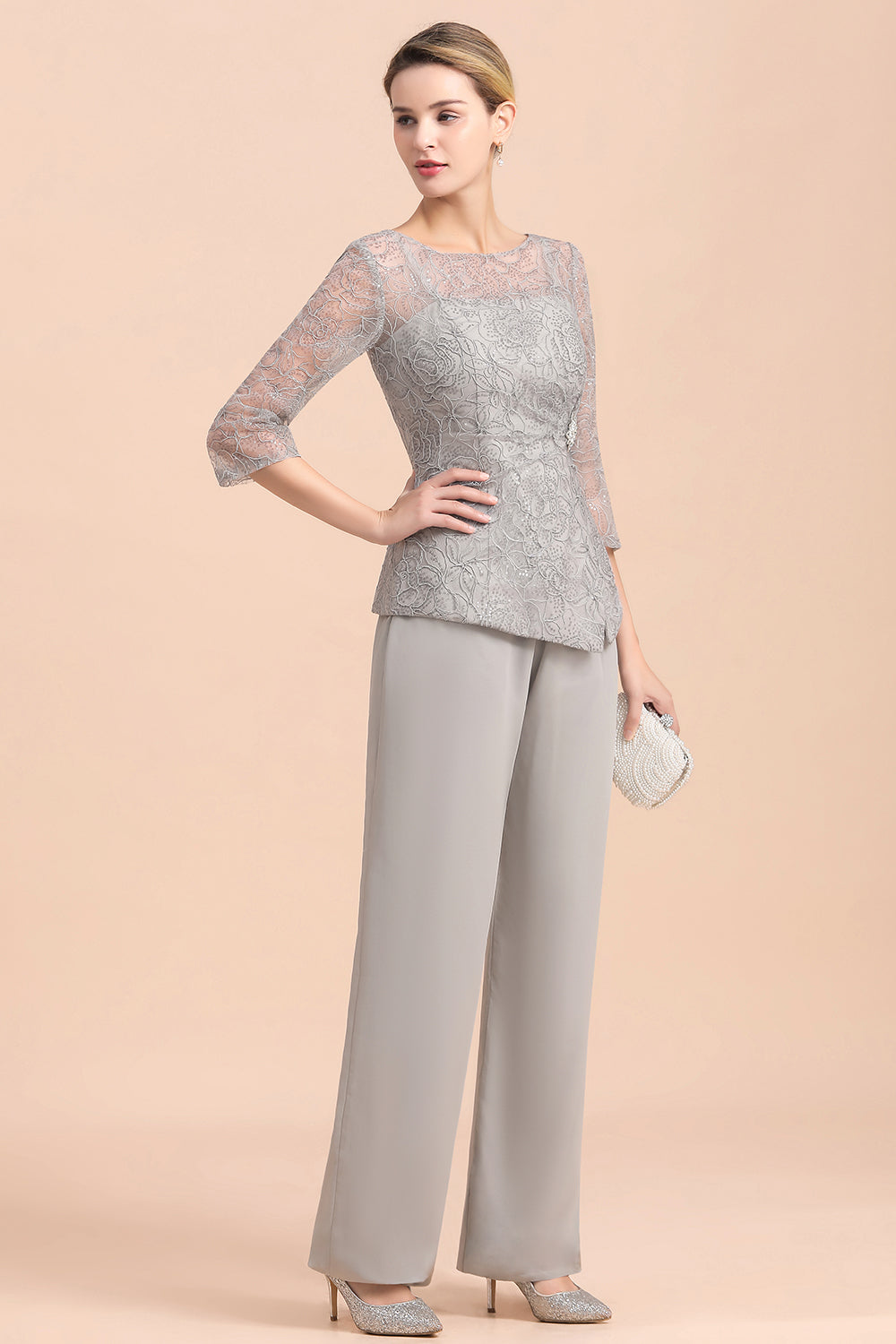 Elegant 3/4 Sleeves Lace Chiffon Affordable Mother of Bride Jumpsuit - Fashionpara