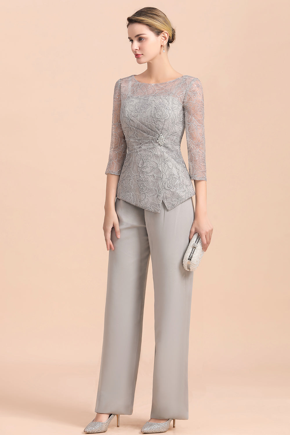 Elegant 3/4 Sleeves Lace Chiffon Affordable Mother of Bride Jumpsuit - Fashionpara