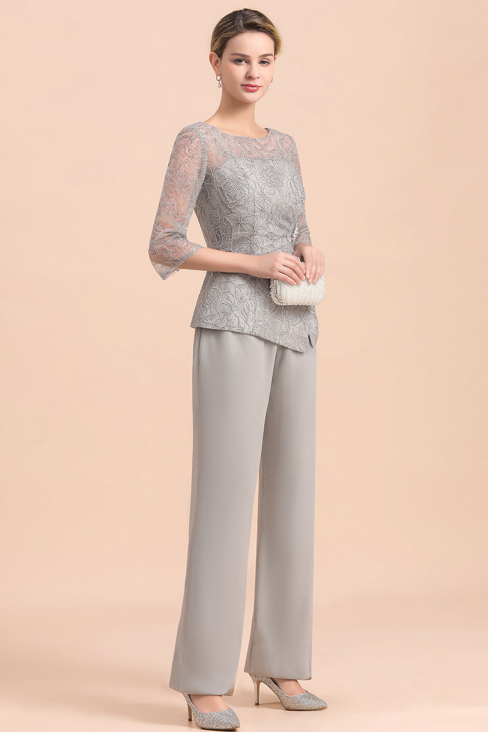 Elegant 3/4 Sleeves Lace Chiffon Affordable Mother of Bride Jumpsuit - Fashionpara