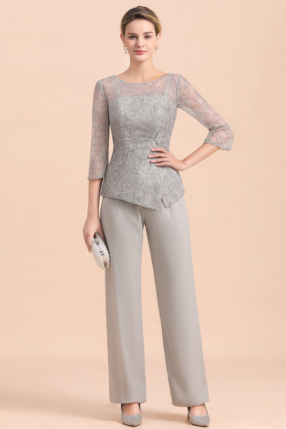 Elegant 3/4 Sleeves Lace Chiffon Affordable Mother of Bride Jumpsuit - Fashionpara