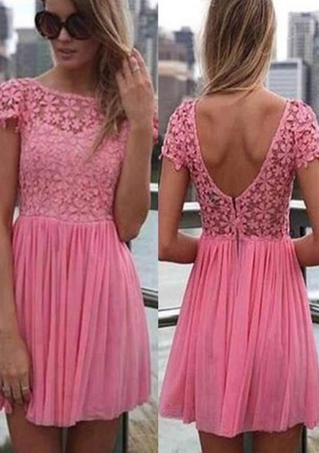 Elegant A-line Bateau Short Sleeve Chiffon Homecoming Dress with Lace