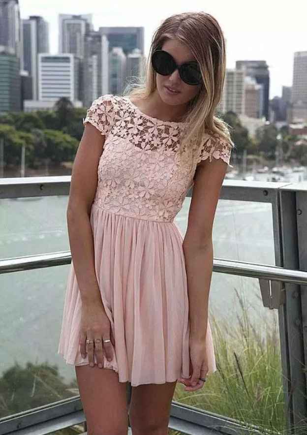 Elegant A-line Bateau Short Sleeve Chiffon Homecoming Dress with Lace