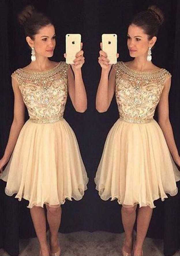 Elegant A-line Bateau Sleeveless Knee-Length Tulle Homecoming Dress With Appliqued Beading