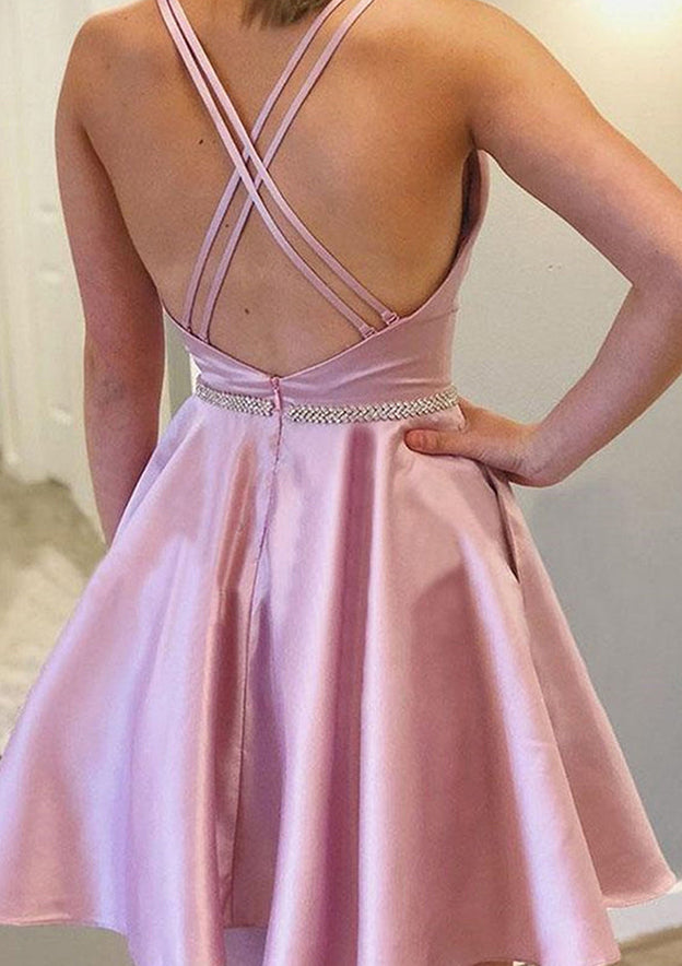 Elegant A-line Bateau Sleeveless Satin Short Homecoming Dress with Beading