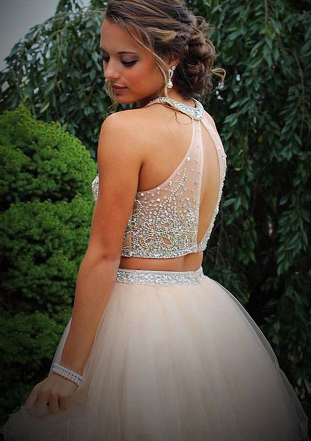 Elegant A-Line Halter Homecoming Dress with Beading & Sequins