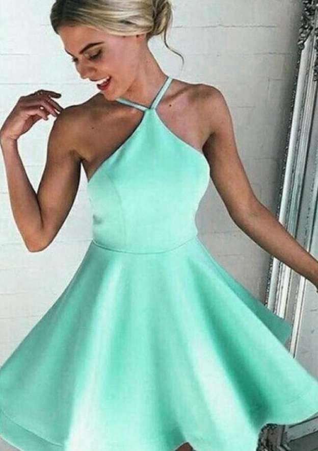 Elegant A-line Halter Sleeveless Mini Satin Homecoming Dress