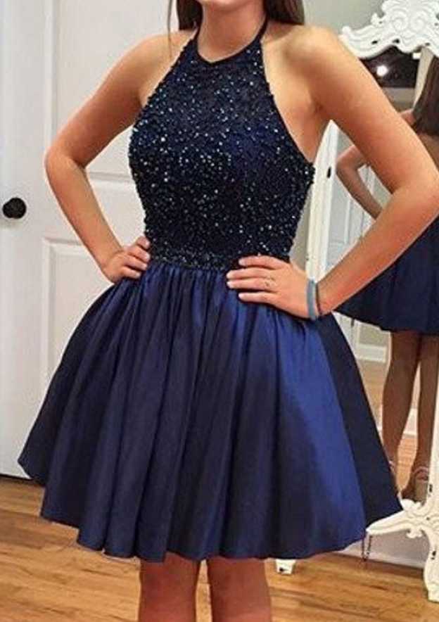 Elegant A-line Halter Sleeveless Short Satin Homecoming Dress with Beading