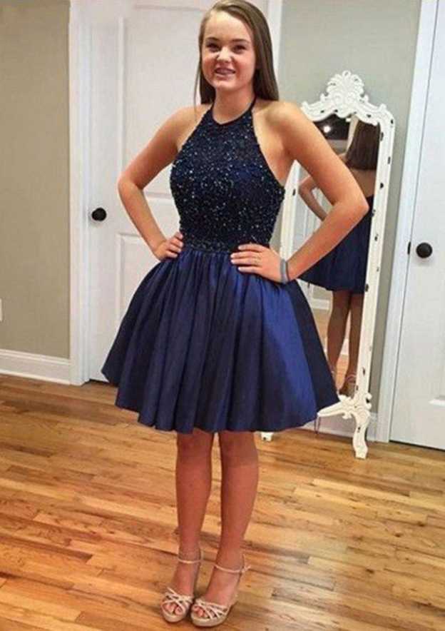 Elegant A-line Halter Sleeveless Short Satin Homecoming Dress with Beading