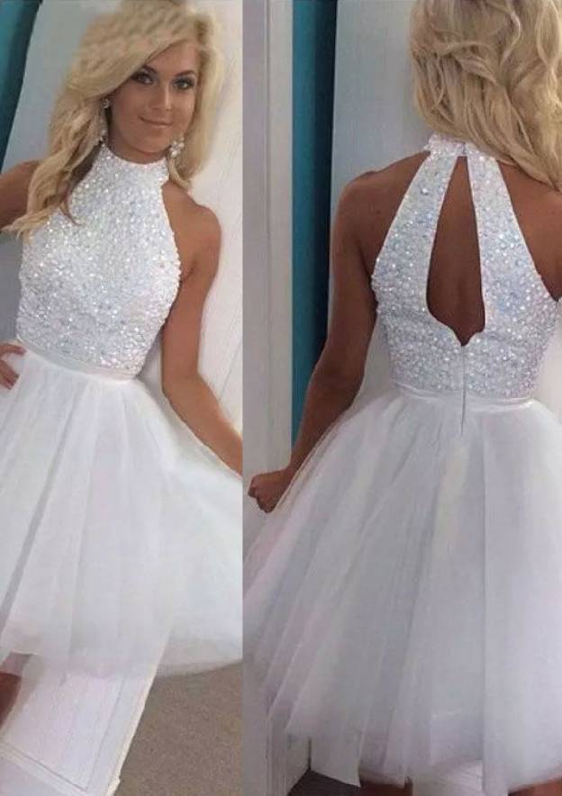 Elegant A-line Halter Sleeveless Tulle Homecoming Dress with Beading