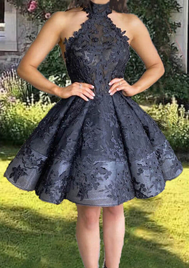 Elegant A-line High-Neck Lace Short Dress with Appliqu¨¦s for Homecoming