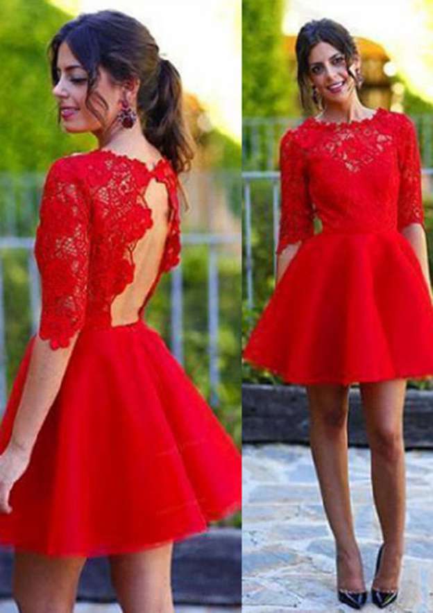 Elegant A-line Illusion Neck Half Sleeve Satin Homecoming Dress with Lace