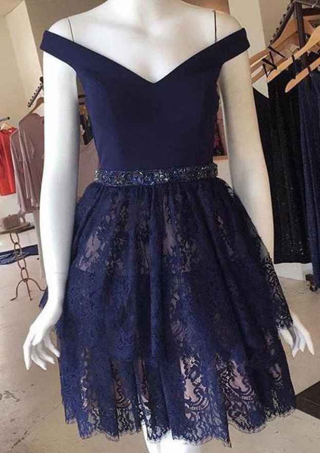 Elegant A-line Off-the-Shoulder Knee-Length Lace Homecoming Dress with Beading