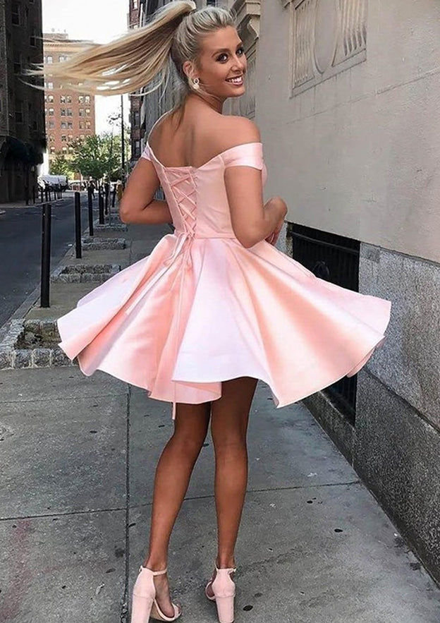 Elegant A-line Off-the-Shoulder Satin Short Homecoming Dress With Sashes