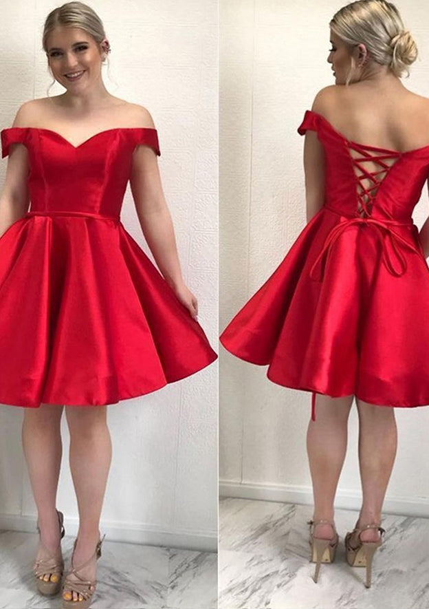 Elegant A-line Off-the-Shoulder Satin Short Homecoming Dress With Sashes