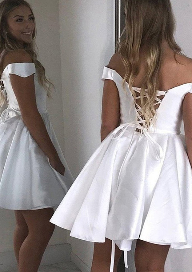 Elegant A-line Off-the-Shoulder Satin Short Homecoming Dress With Sashes