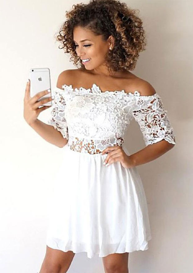 Elegant A-line Off-The-Shoulder Short Chiffon Homecoming Dress with Lace