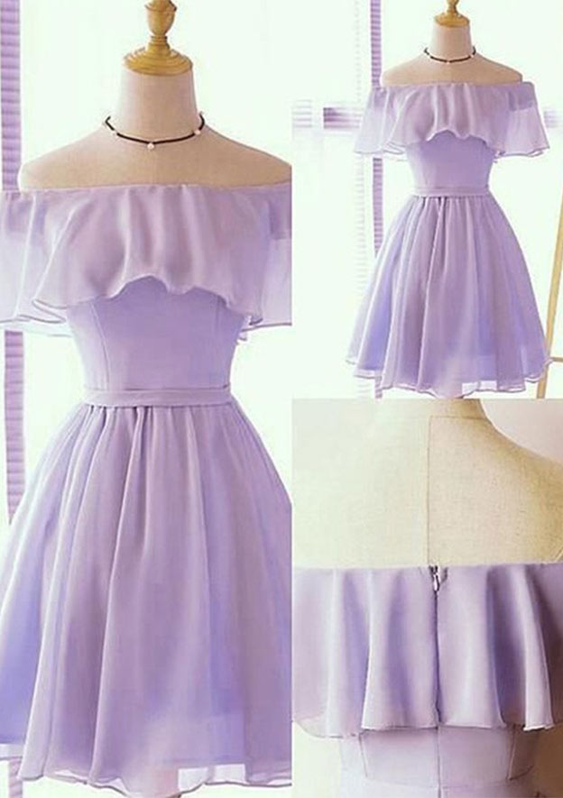 Elegant A-line Off-the-Shoulder Short Sleeve Chiffon Homecoming Dress with Pleated Detail