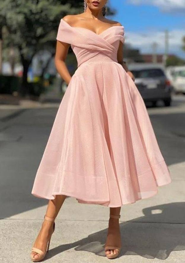 Elegant A-line Off-The-Shoulder Short Sleeve Tea-Length Tulle Homecoming Dress with Pleated Pockets