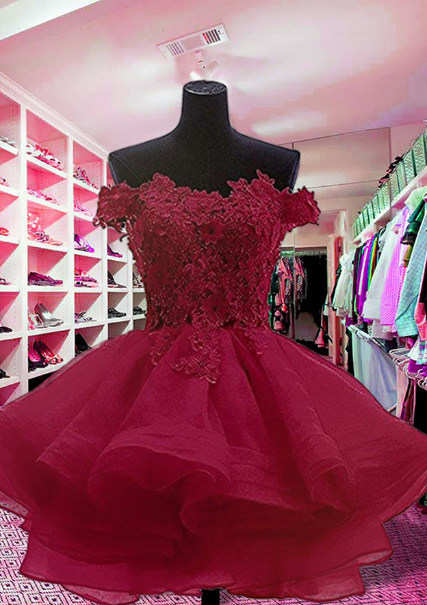 Elegant A-line Off-the-Shoulder Sleeveless Organza Homecoming Dress With Beading Lace Appliques