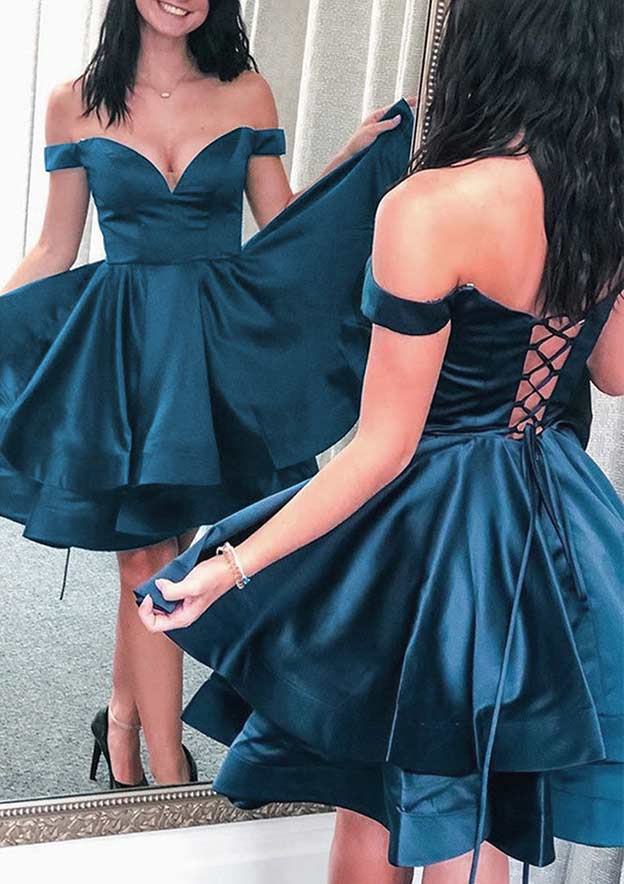 Elegant A-line Off-the-Shoulder Sleeveless Satin Short Homecoming Dress