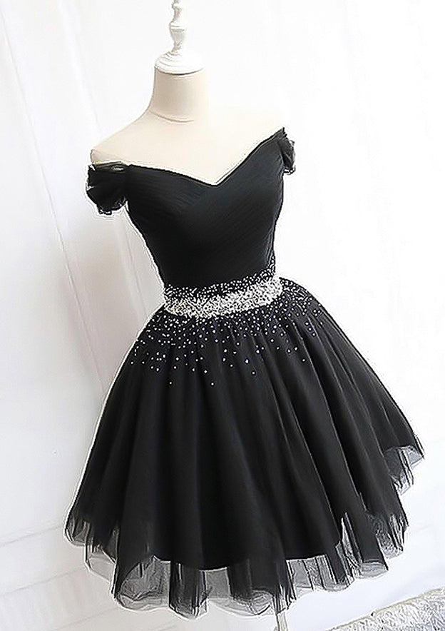 Elegant A-line Off-the-Shoulder Sleeveless Tulle Homecoming Dress with Pleated Beading