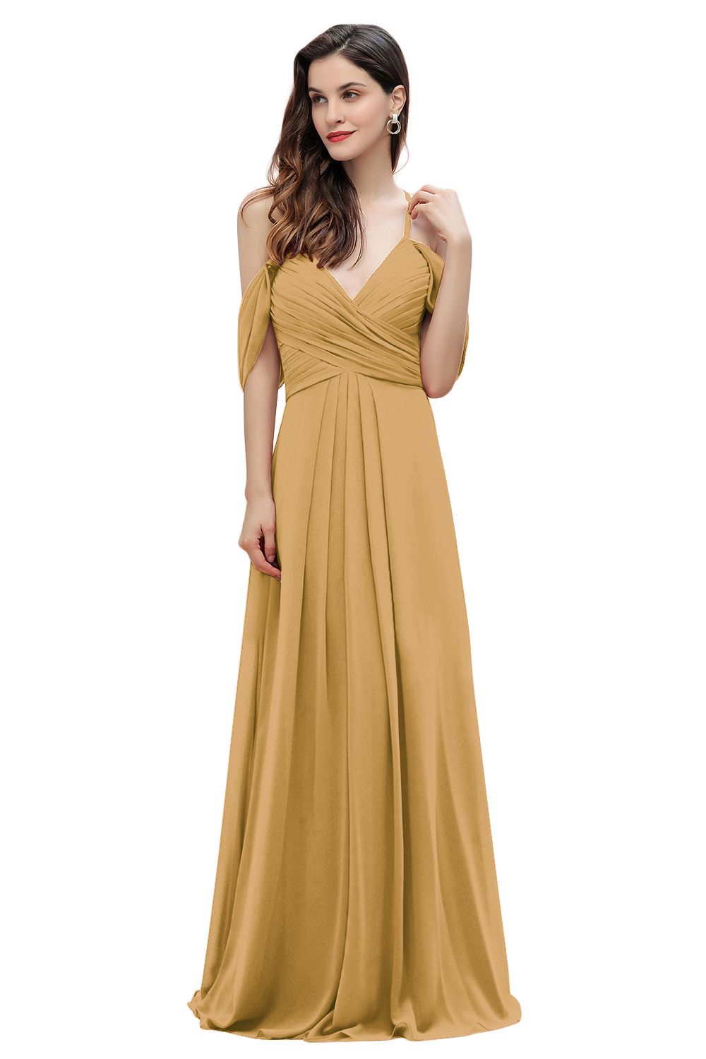 Elegant A-line Off-the-Shoulder V-neck Ruched Long Bridesmaid Dresses