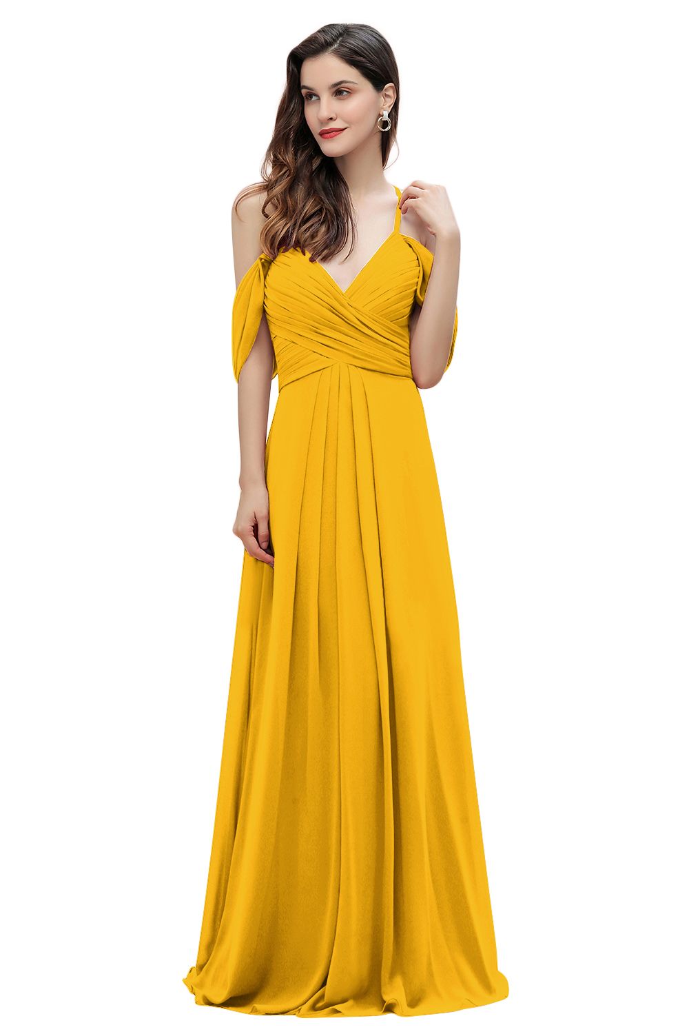 Elegant A-line Off-the-Shoulder V-neck Ruched Long Bridesmaid Dresses