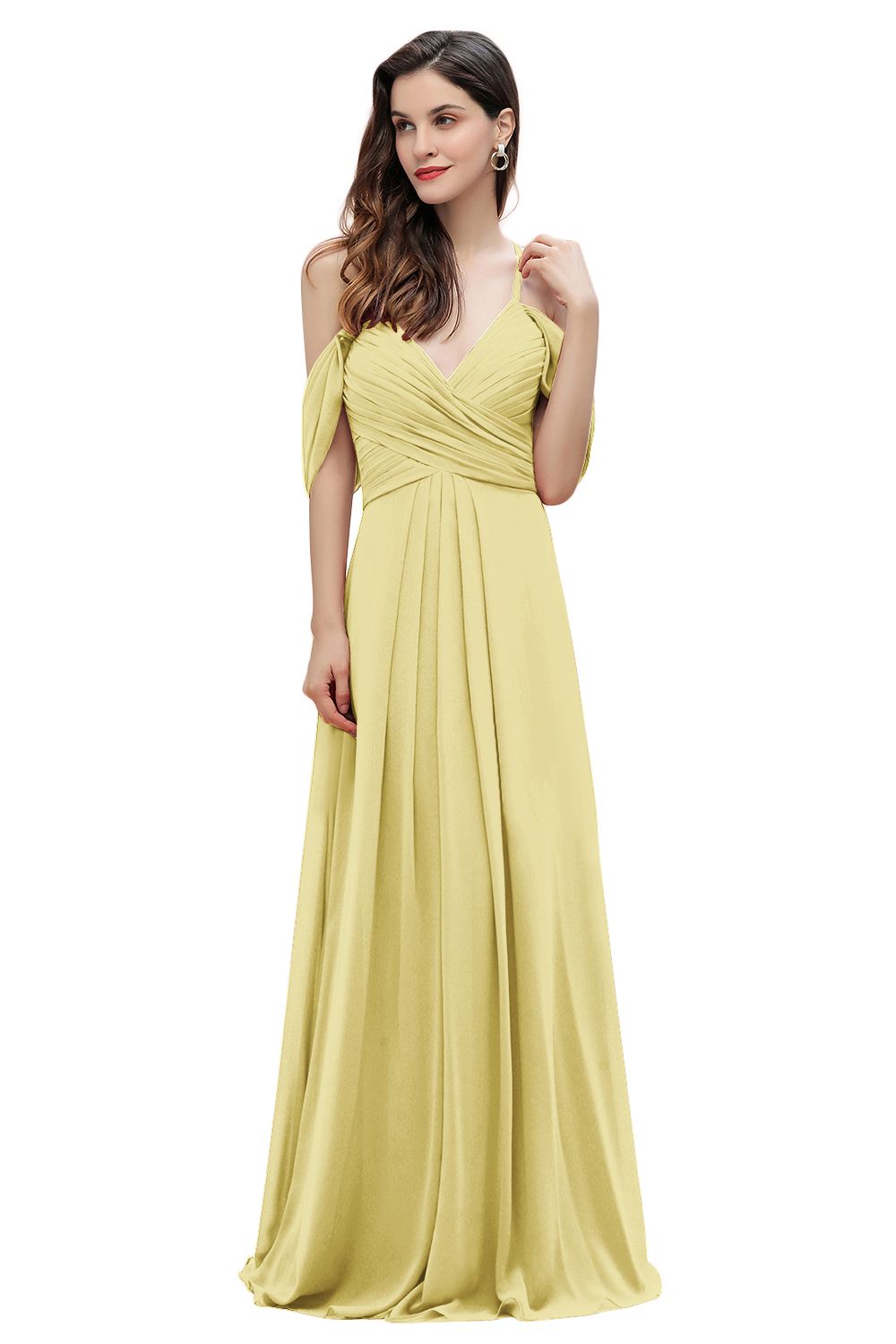 Elegant A-line Off-the-Shoulder V-neck Ruched Long Bridesmaid Dresses