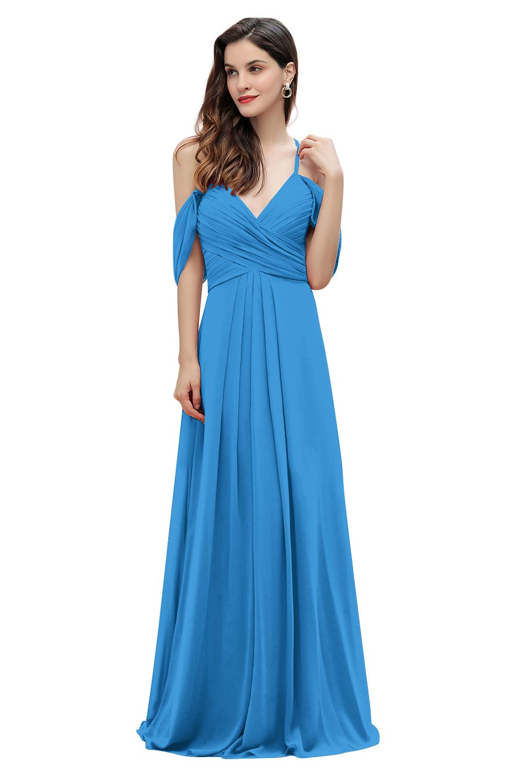 Elegant A-line Off-the-Shoulder V-neck Ruched Long Bridesmaid Dresses