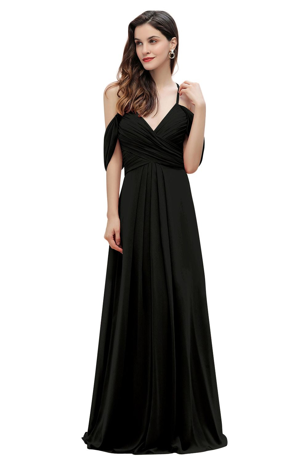 Elegant A-line Off-the-Shoulder V-neck Ruched Long Bridesmaid Dresses