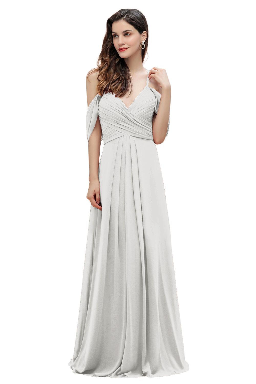 Elegant A-line Off-the-Shoulder V-neck Ruched Long Bridesmaid Dresses