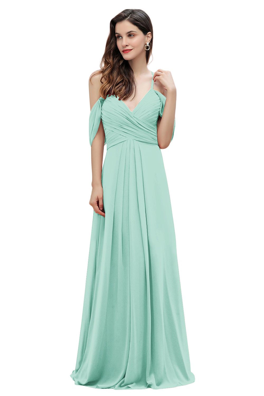 Elegant A-line Off-the-Shoulder V-neck Ruched Long Bridesmaid Dresses