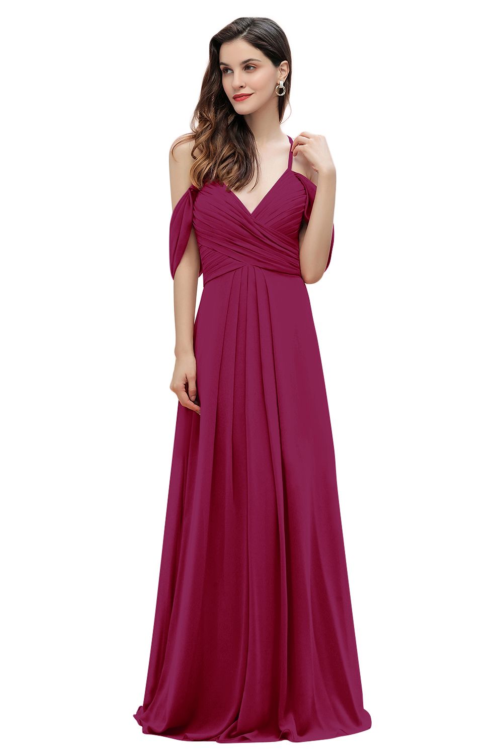 Elegant A-line Off-the-Shoulder V-neck Ruched Long Bridesmaid Dresses