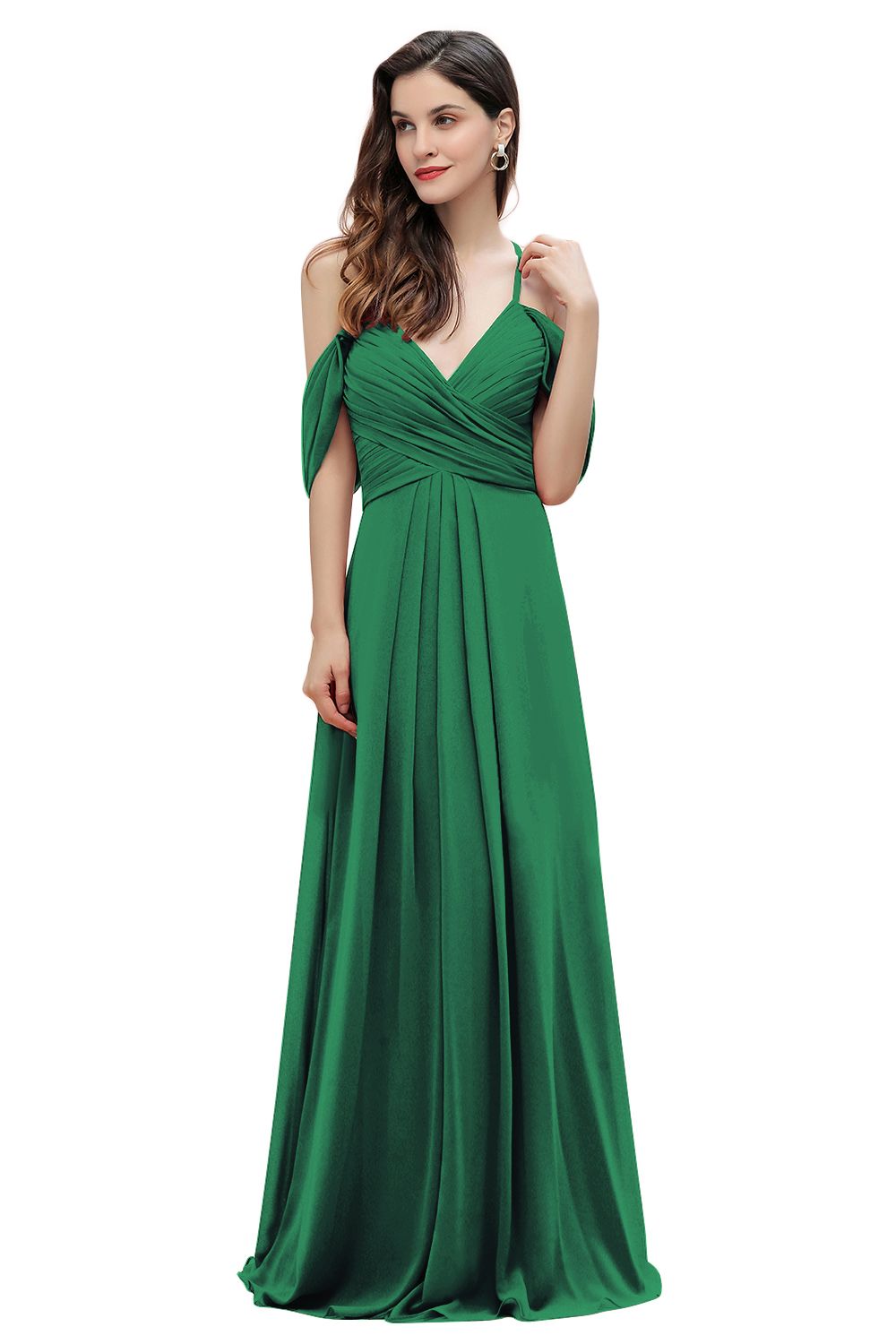 Elegant A-line Off-the-Shoulder V-neck Ruched Long Bridesmaid Dresses