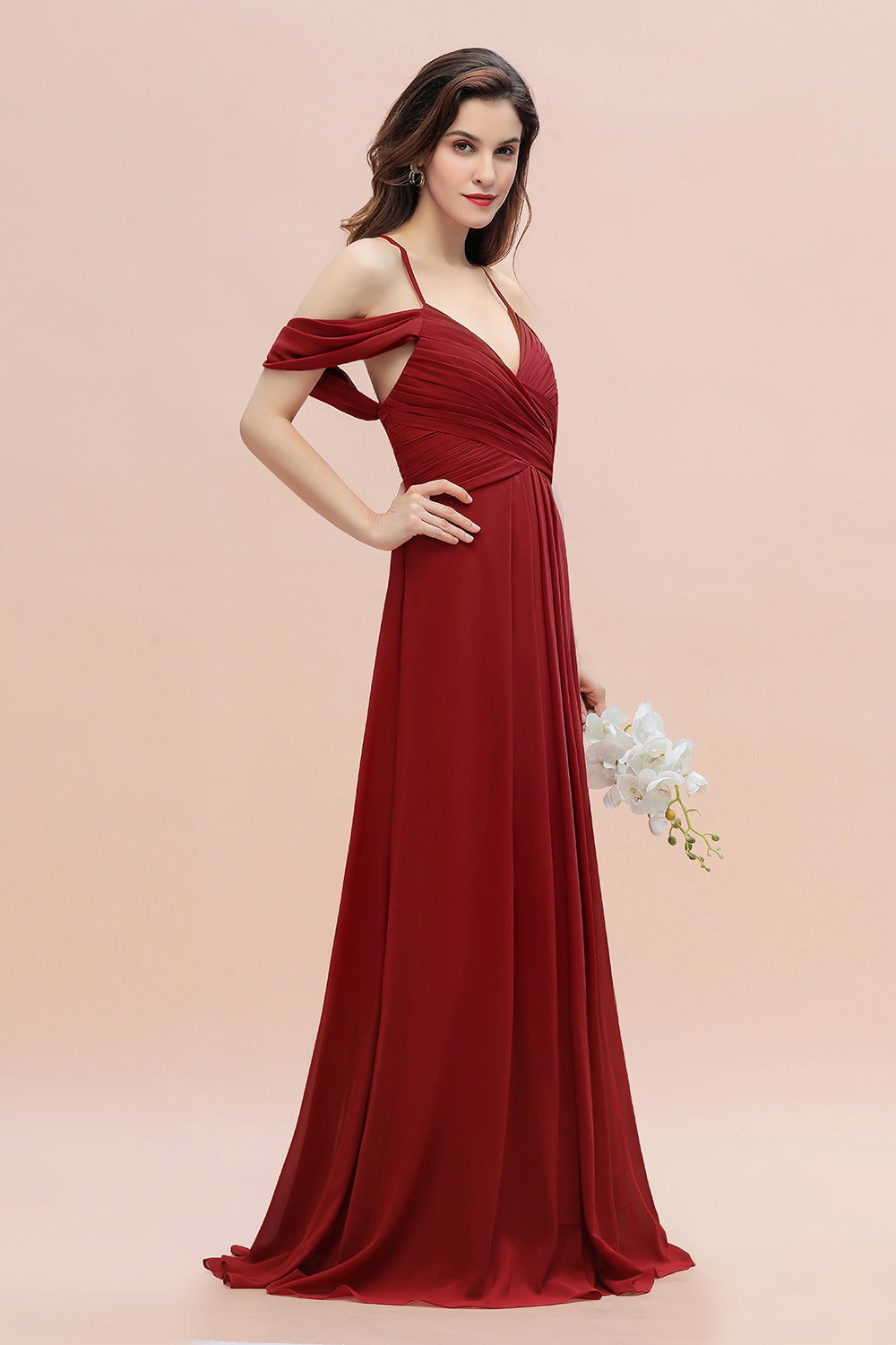 Elegant A-line Off-the-Shoulder V-neck Ruched Long Bridesmaid Dresses