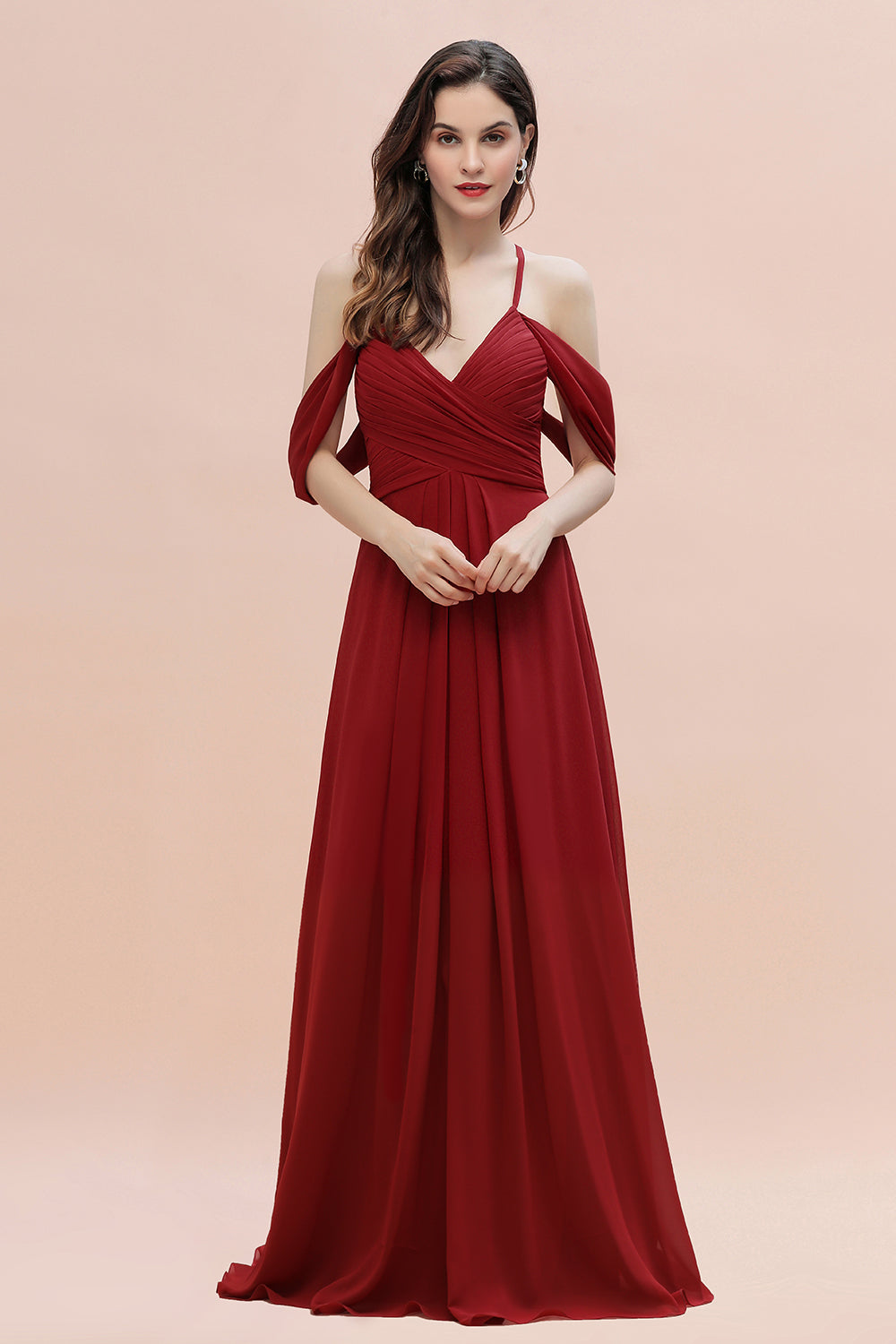 Elegant A-line Off-the-Shoulder V-neck Ruched Long Bridesmaid Dresses