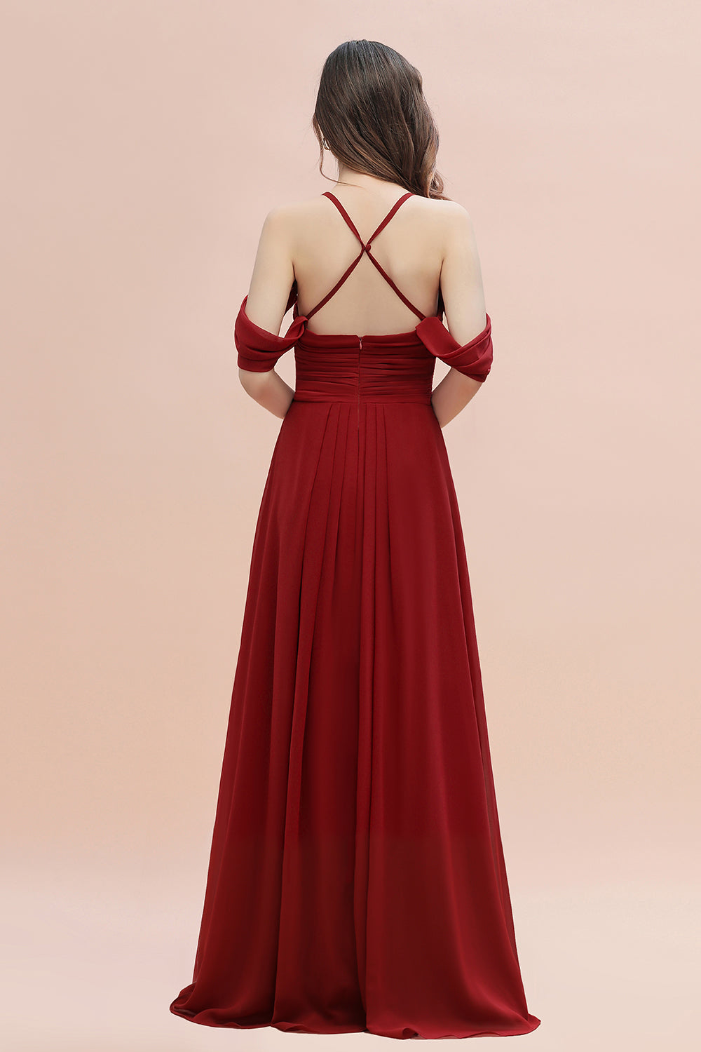 Elegant A-line Off-the-Shoulder V-neck Ruched Long Bridesmaid Dresses