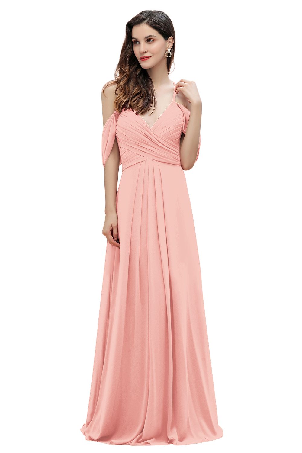 Elegant A-line Off-the-Shoulder V-neck Ruched Long Bridesmaid Dresses