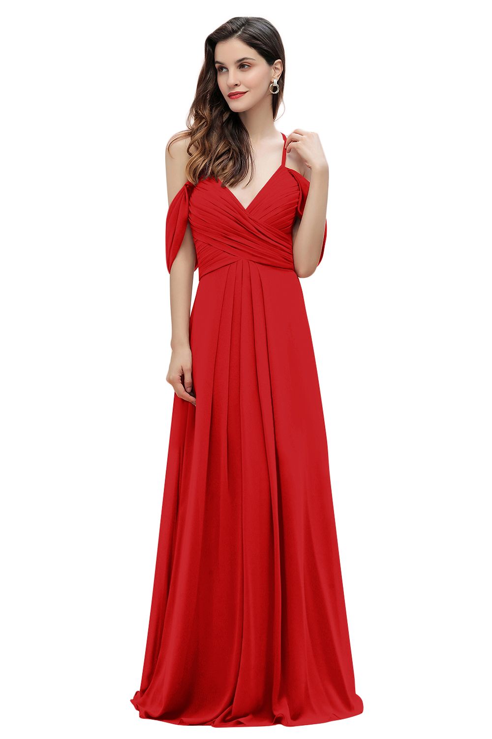 Elegant A-line Off-the-Shoulder V-neck Ruched Long Bridesmaid Dresses