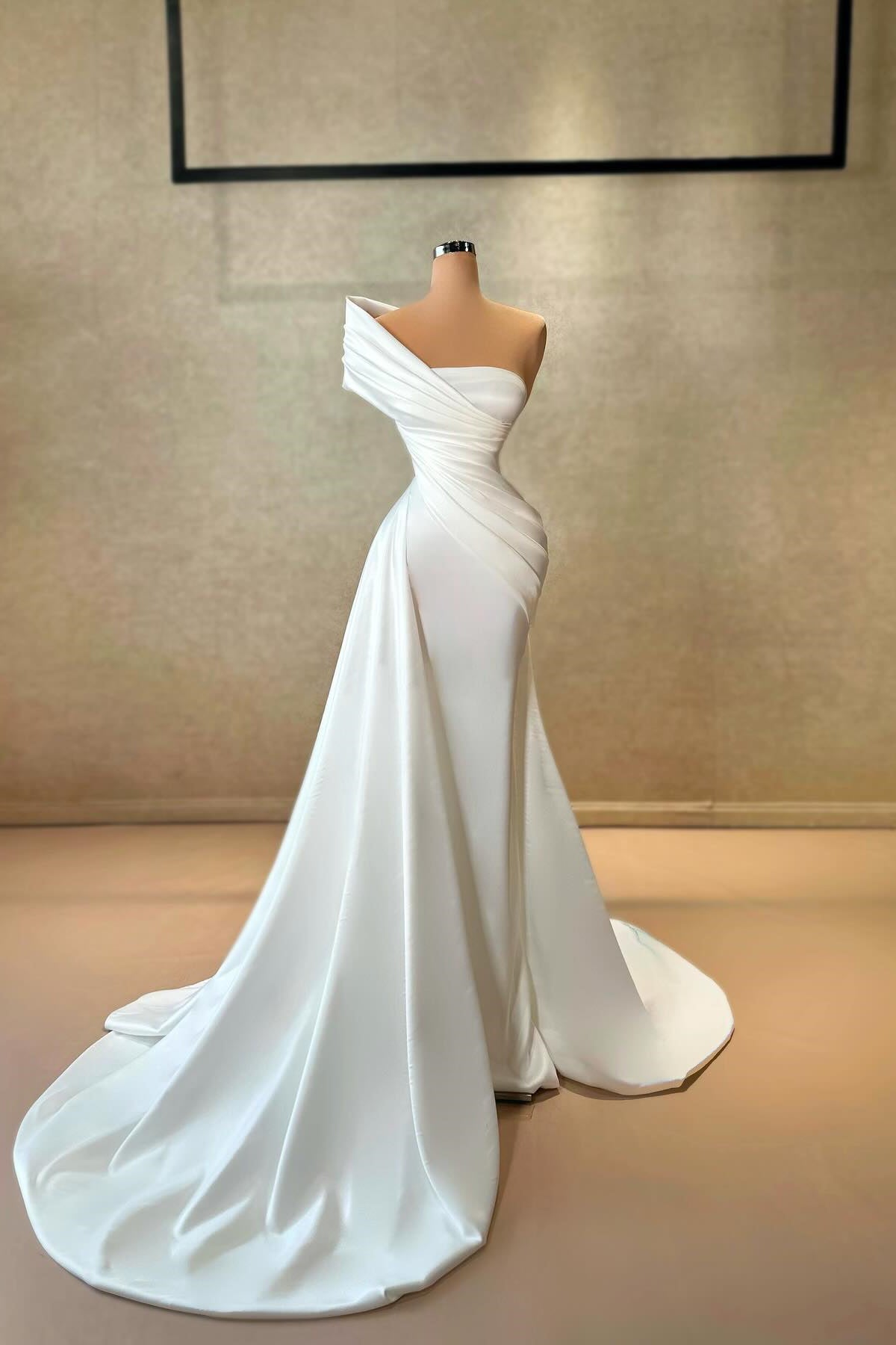 Elegant A-line One Shoulder Cap Sleeve Ruffled Satin Train White Long Prom Gown - Fashionpara