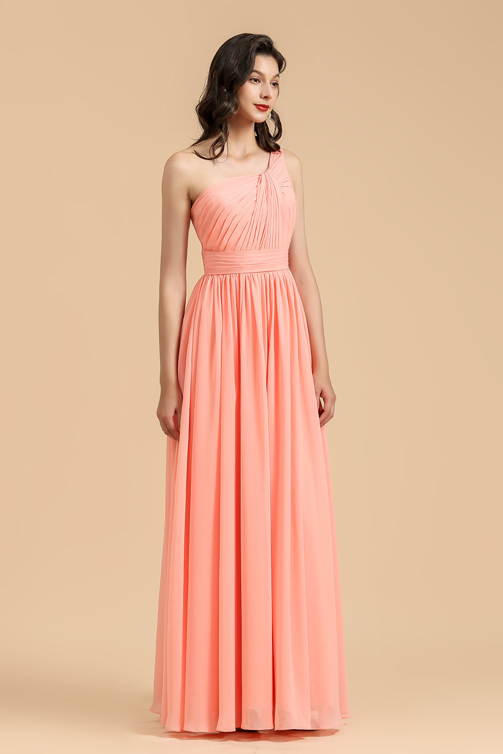 Elegant A-line One Shoulder Coral Chiffon Long Bridesmaid Dresses