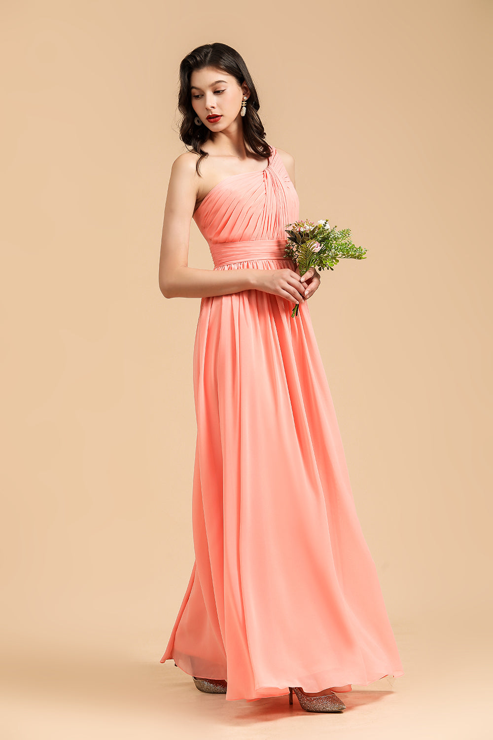 Elegant A-line One Shoulder Coral Chiffon Long Bridesmaid Dresses