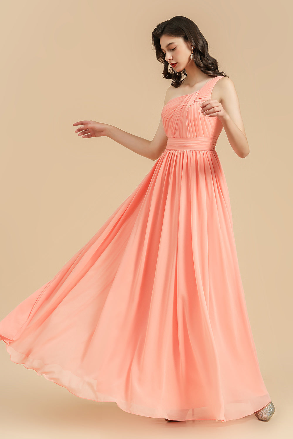 Elegant A-line One Shoulder Coral Chiffon Long Bridesmaid Dresses