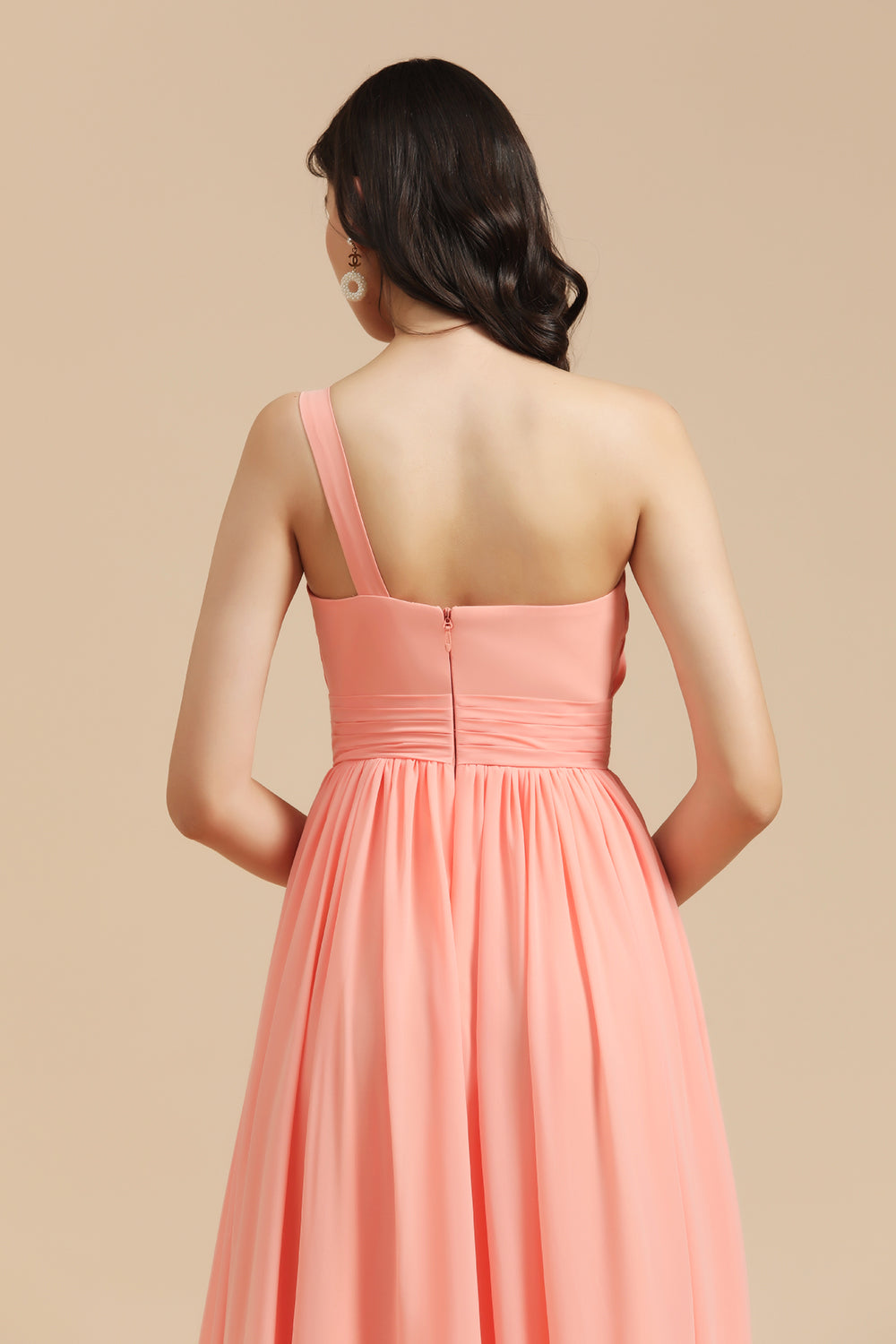 Elegant A-line One Shoulder Coral Chiffon Long Bridesmaid Dresses